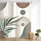 Glawry Boho Shower Curtain Brown Mid Century Abstract Plant Palm Leaves Modern Arch Curve Bathroom Minimalist Geometric Aesthetic 60Wx72L Inches Bath Accessories Art Home Decor Fabric 12 Pack Hooks