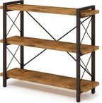 HCHQHS Bookshelf, 3-Tier Industrial Bookcase, Rustic Open Book Shelf, Wood and Metal Horizontal Bookshelves