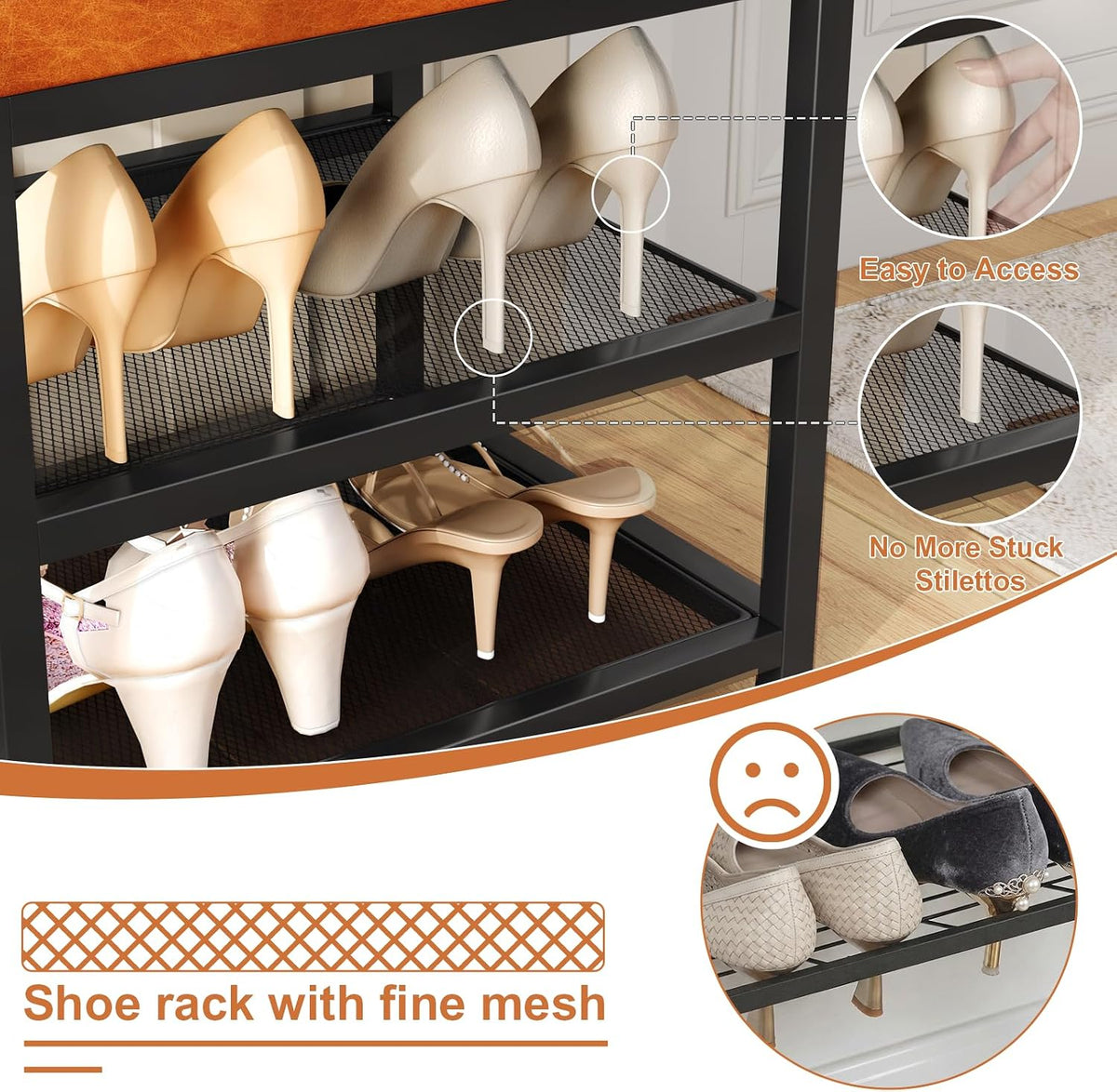 Small Shoe Storage Bench with PU Leather Seat Cushion, 3-Tier Freestanding Shoe Rack Organizer for Entryway, Heavy-Duty Metal Mesh Shelves, Supports Up to 300 lbs, Brown (15.7"x11.4"x17.5")