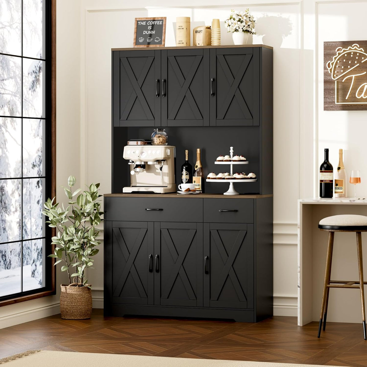HOSTACK 71"H Kitchen Pantry Storage Cabinet, Farmhouse Hutch Cabinet, Black | Space-Saving Pantry Cabinet with Charging Station & 2 Large Drawers & Adjustable Shelves, Tall Kitchen Hutch, Dining Room