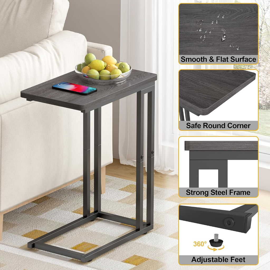 Yusong C Shaped End Table - Slide Under Sofa Couch Bed, Small Table for Small Spaces, Skinny Overbed, Coffee Drink Snack Table for Living Room, Grey Oak