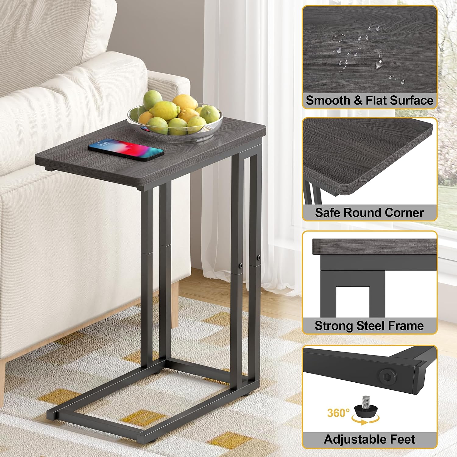 Yusong C Shaped End Table - Slide Under Sofa Couch Bed, Small Table for Small Spaces, Skinny Overbed, Coffee Drink Snack Table for Living Room, Grey Oak