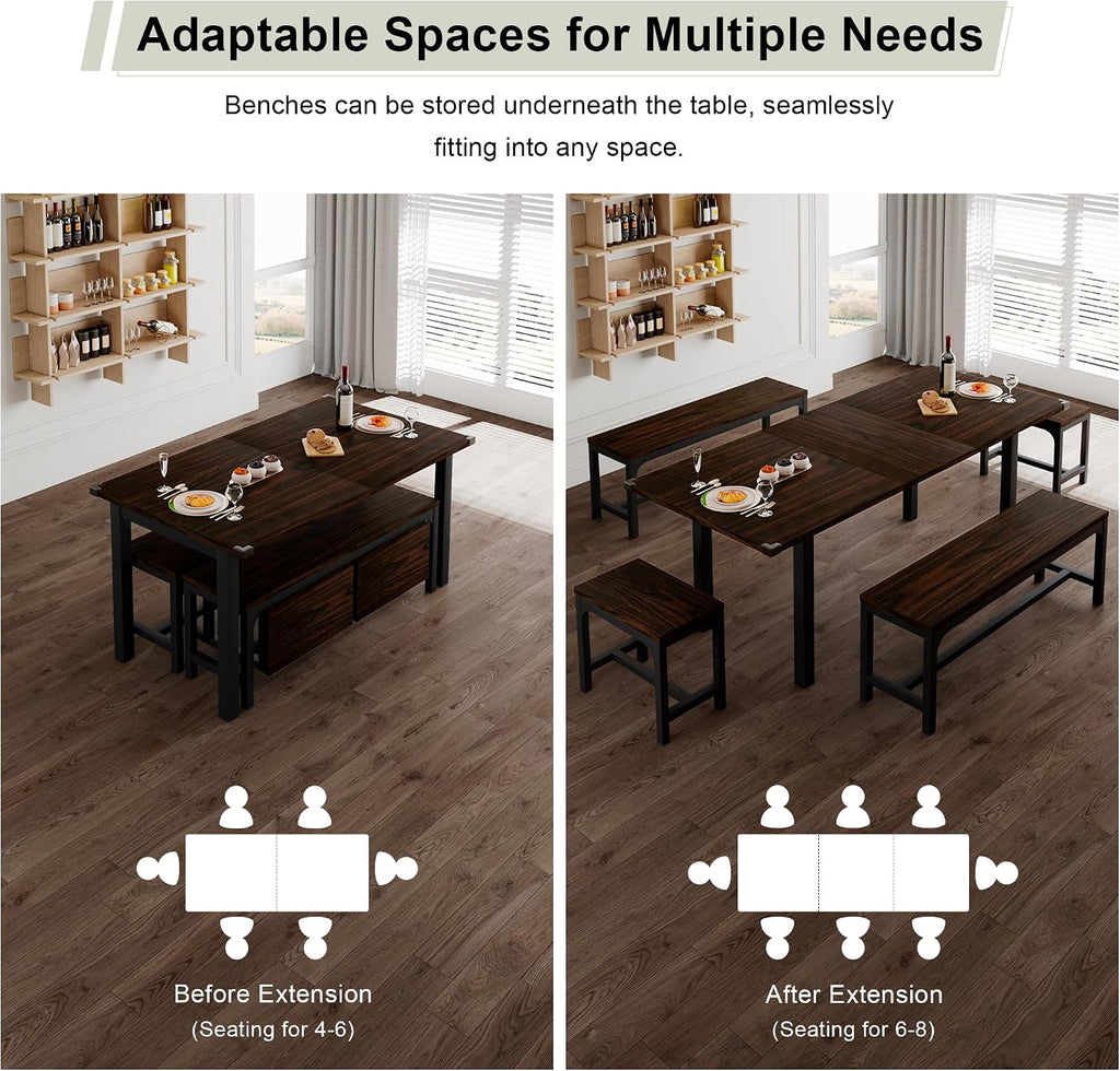 Feonase 5-Piece Dining Table Set for 4-8 People, 63" Extendable Kitchen Table Set with 2 Benches and 2 Square Stools, Dining Room Table with MDF Wood Board, Easy Clean, Dark Brown