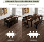 Feonase 5-Piece Dining Table Set for 4-8 People, 63" Extendable Kitchen Table Set with 2 Benches and 2 Square Stools, Dining Room Table with MDF Wood Board, Easy Clean, Dark Brown