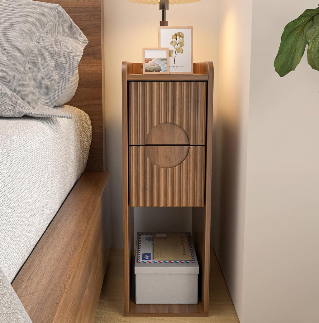 Narrow Fluted Nightstand, Wooden Small 2 Drawer Nightstand, Slim Side End Table, Vintage Bedside Table, Mid Century Modern Night Stand with Drawers, for Bedroom, Walnut, 1 Pc