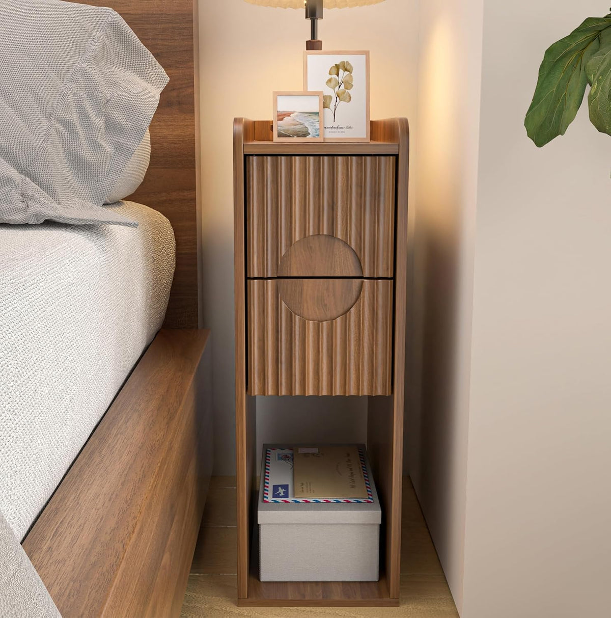 Narrow Fluted Nightstand, Wooden Small 2 Drawer Nightstand, Slim Side End Table, Vintage Bedside Table, Mid Century Modern Night Stand with Drawers, for Bedroom, Walnut, 1 Pc