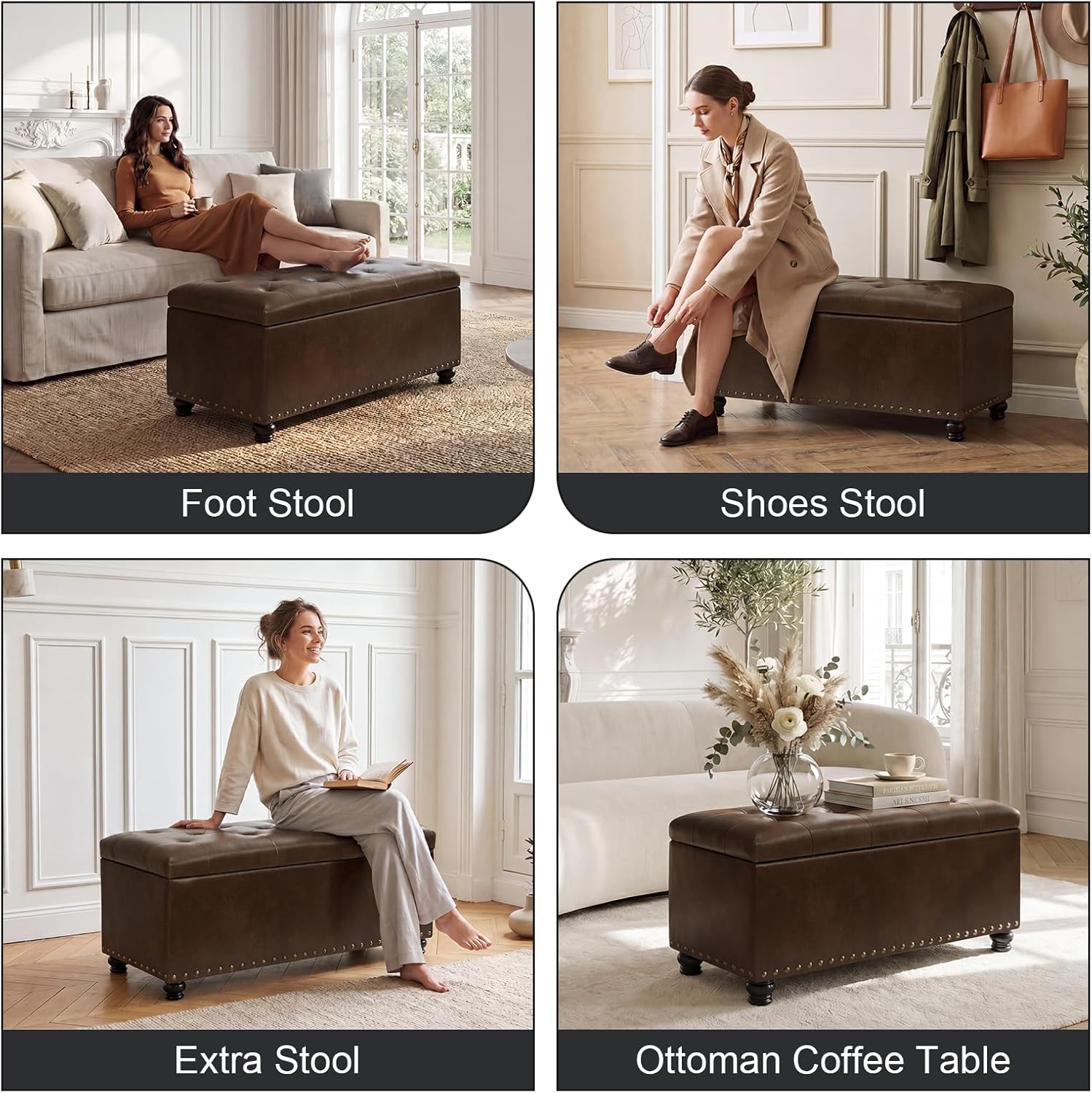 Asense Storage Ottoman Bench, Faux Leather Ottoman with Storage for Living Room Bedroom, Multi-Functional Storage Chest Foot Rest, Upholstered Bench for End of Bed, Entryway, 35.4" W