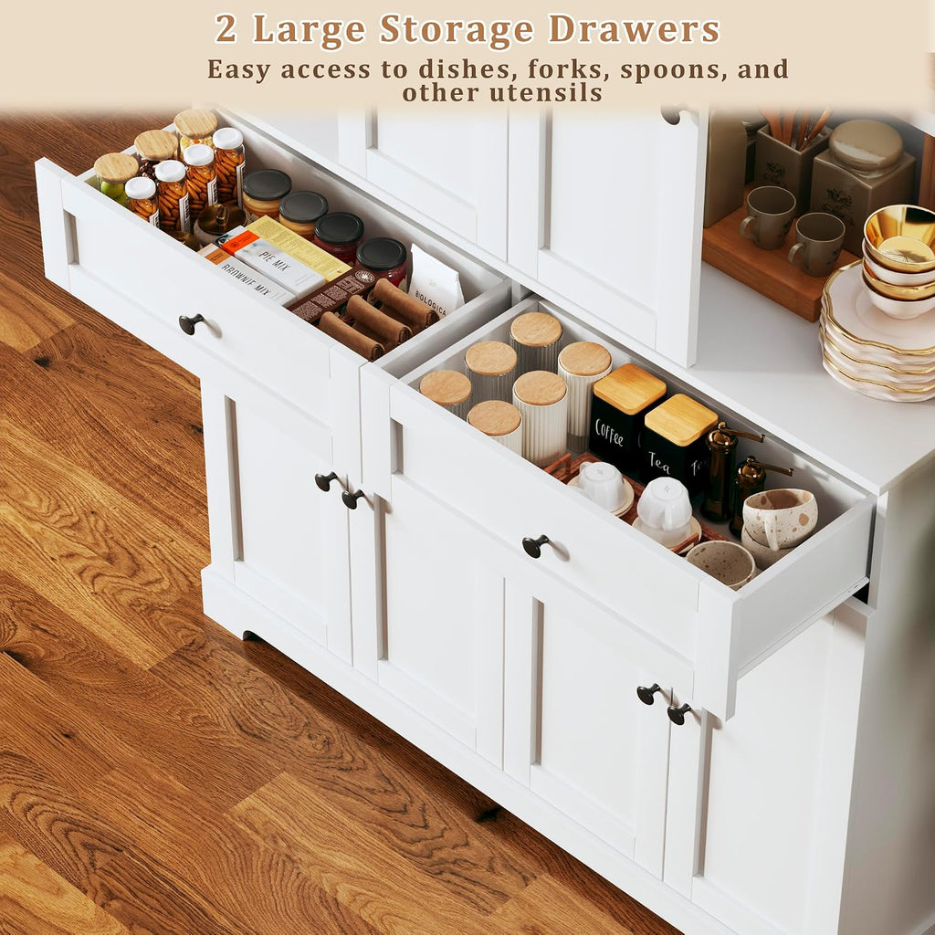HUAHUU 71" Kitchen Pantry Cabinet with 6 Door Shelves, Tall Pantry Storage Cabinet with 8 Doors & 4 Adjustable Shelves, Modern Kitchen Pantry with 2 Large Drawers for Dining Room, Living Room, White