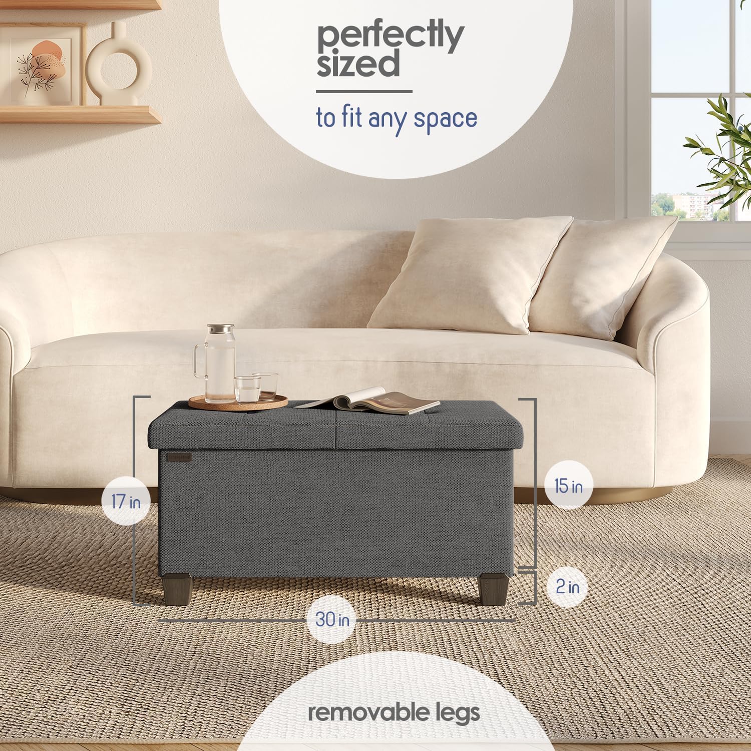 Storage Ottoman Bench with Bins, 30-in Storage Bench for Bedroom End of Bed, Folding Foot Rest Ottoman for Living Room Max 660lbs, Fabric Ottomans, Grey