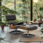 Top Black PU Leather, Mid Century Chaise Lounge Chair and Ottoman, Modern Chair Classic Design, Walnut Wood, Heavy Duty Base Support for Living Room Office