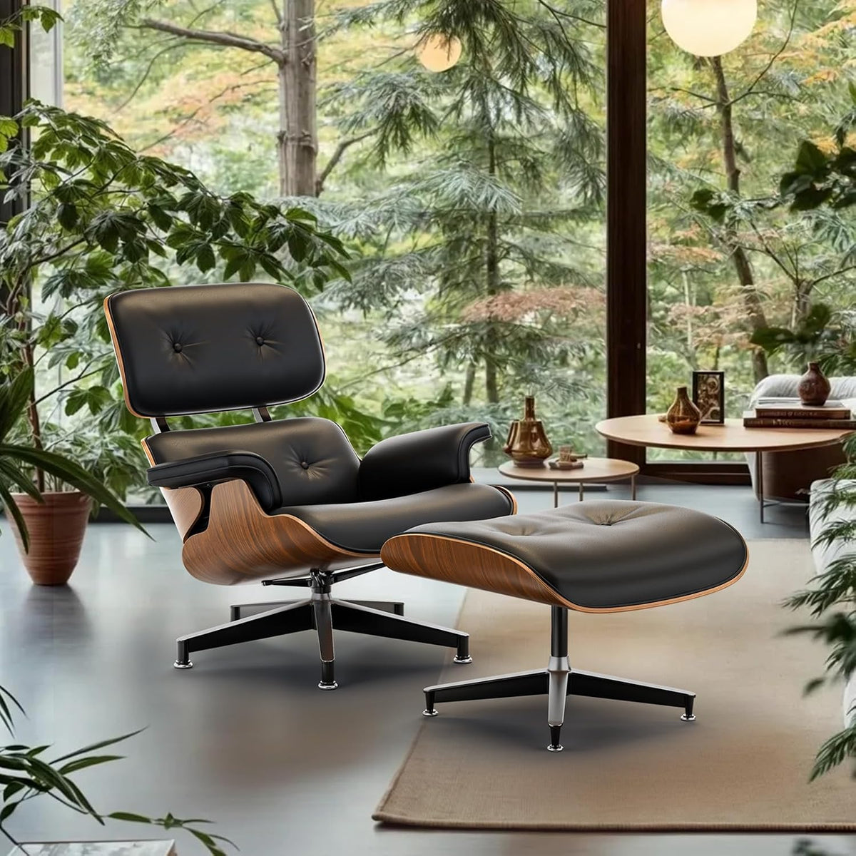 Top Black PU Leather, Mid Century Chaise Lounge Chair and Ottoman, Modern Chair Classic Design, Walnut Wood, Heavy Duty Base Support for Living Room Office