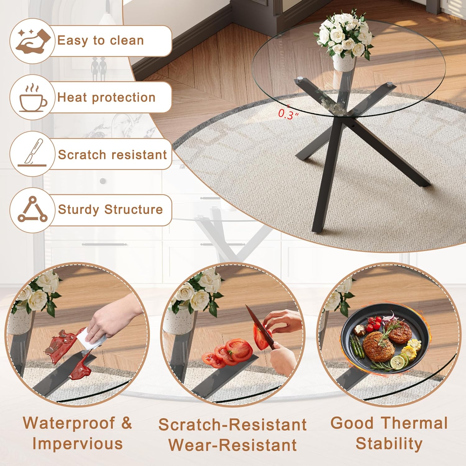 Round Dining Table Set for 4, 39" Glass Dining Table Set with Black Adjustable X-Shaped Metal Leg&4 Clear Acrylic Chairs with Chrome Legs, Small Space-Saving Table Set Ideal for Kitchen, Dining Room