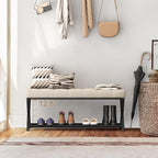LUE BONA 44.5” End of Bed Bench with Shelf, Linen Tufted Upholstered Storage Shoe Bench, Modern Bedroom Bench with Metal Legs for Living Room, Entryway, Dining Room, 300 LB, Linen Color