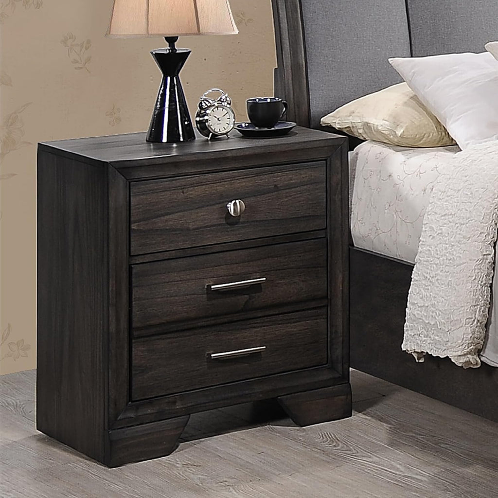 1pc Contemporary Dark Grain Finish Metal Knobs Two-Drawers Nightstand Gray,for Small Spaces