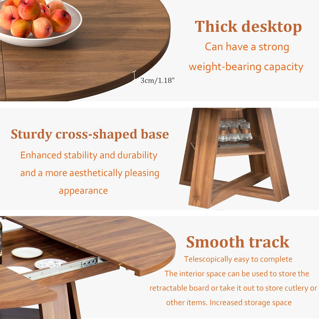 43.3"-59" Extendable Round Oval Dining Table for 4-8 with Storage Shelf | Modern Kitchen Oval Dining Table with Removable Leaves,Space Saving Extendable Table Wood Base for Kitchen Living Room Walnut