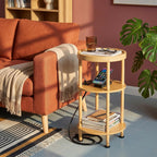 3-Tier Bamboo Round Side Table with Charging Station, Small Round Bamboo End Table with USB Ports & Power Outlets - Corner Table Sofa End Table for Living Room, Bedroom (with Outlet, Natural)