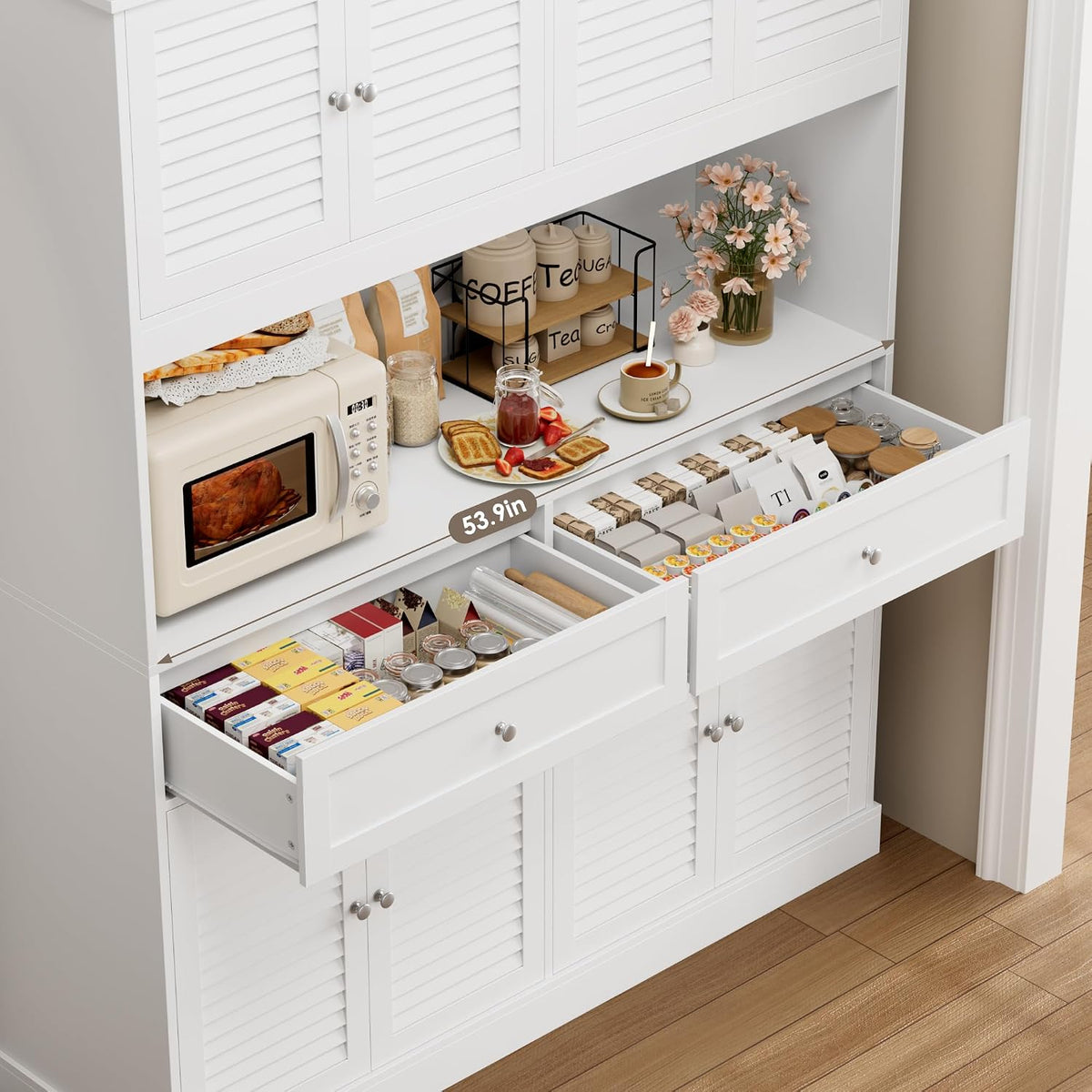HIFIT 71“HX55“W Large Pantry Cabinet for Food Storage, Farmhouse Kitchen Hutch with Storage Drawers, Tall Kitchen Pantry Cabinet with Microwave Stand for Dining Living Room, White
