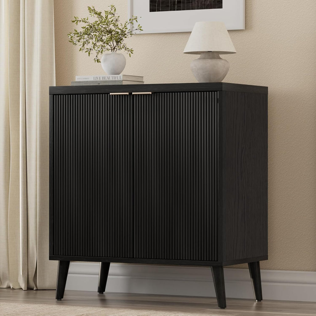 Homleke Buffet Cabinet with Storage, Modern Fluted Accent Sideboard with Doors & Adjustable Shelf, Buffet Table Entryway Cabinets for Living Room, Kitchen, Dining Room, Hallway, Black