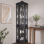 BELLEZE Lighted 3-Side Glass Display Curio Cabinet w/Tempered Glass Doors and Shelves, Curved Wood Corner Cabinet with Bulb, Corner Storage Rack for Living Room and Kitchen (Black)