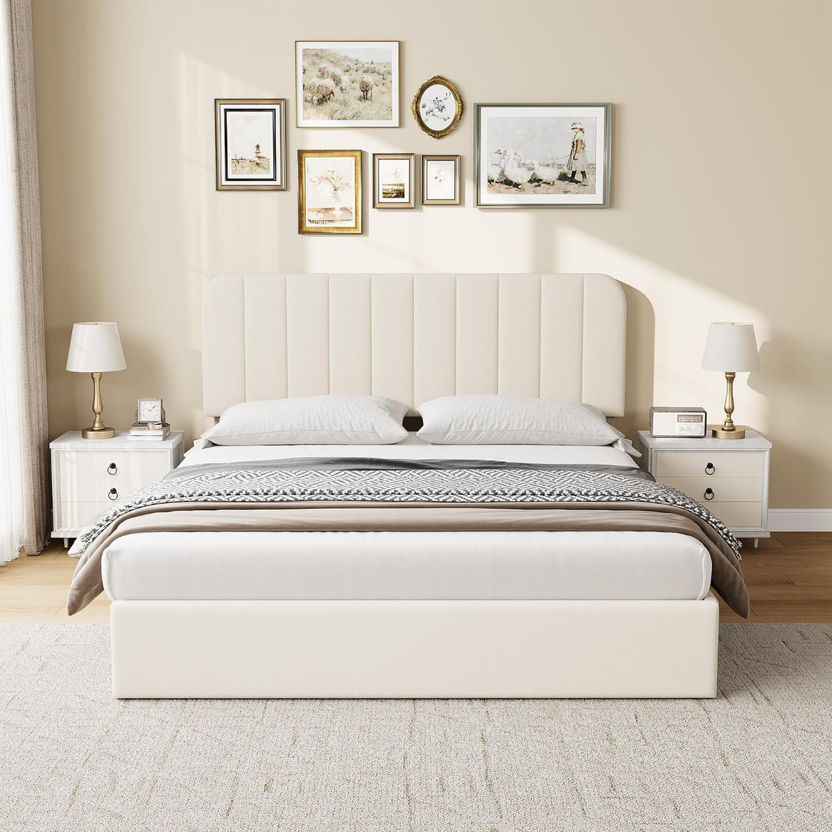 IDEALHOUSE Queen Size Velvet Upholstered Bed Frame, Beige