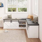 L Shaped Corner Bench with Storage, Farmhouse Breakfast Nook with Cushion & Sliding Barn Door, Entryway Shoe Storage Bench, Kitchen, Dining Room, Living Room, White & Grey