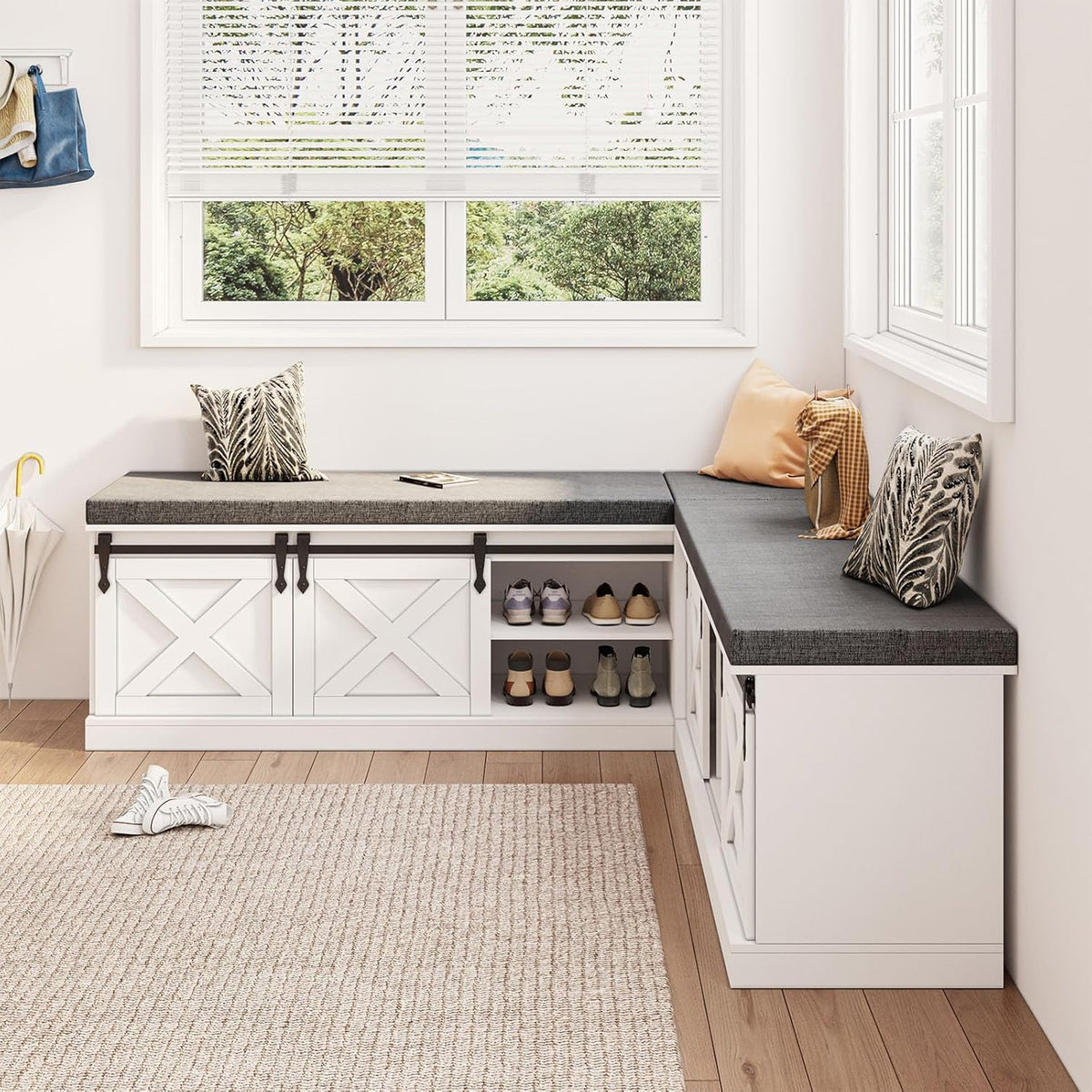 L Shaped Corner Bench with Storage, Farmhouse Breakfast Nook with Cushion & Sliding Barn Door, Entryway Shoe Storage Bench, Kitchen, Dining Room, Living Room, White & Grey