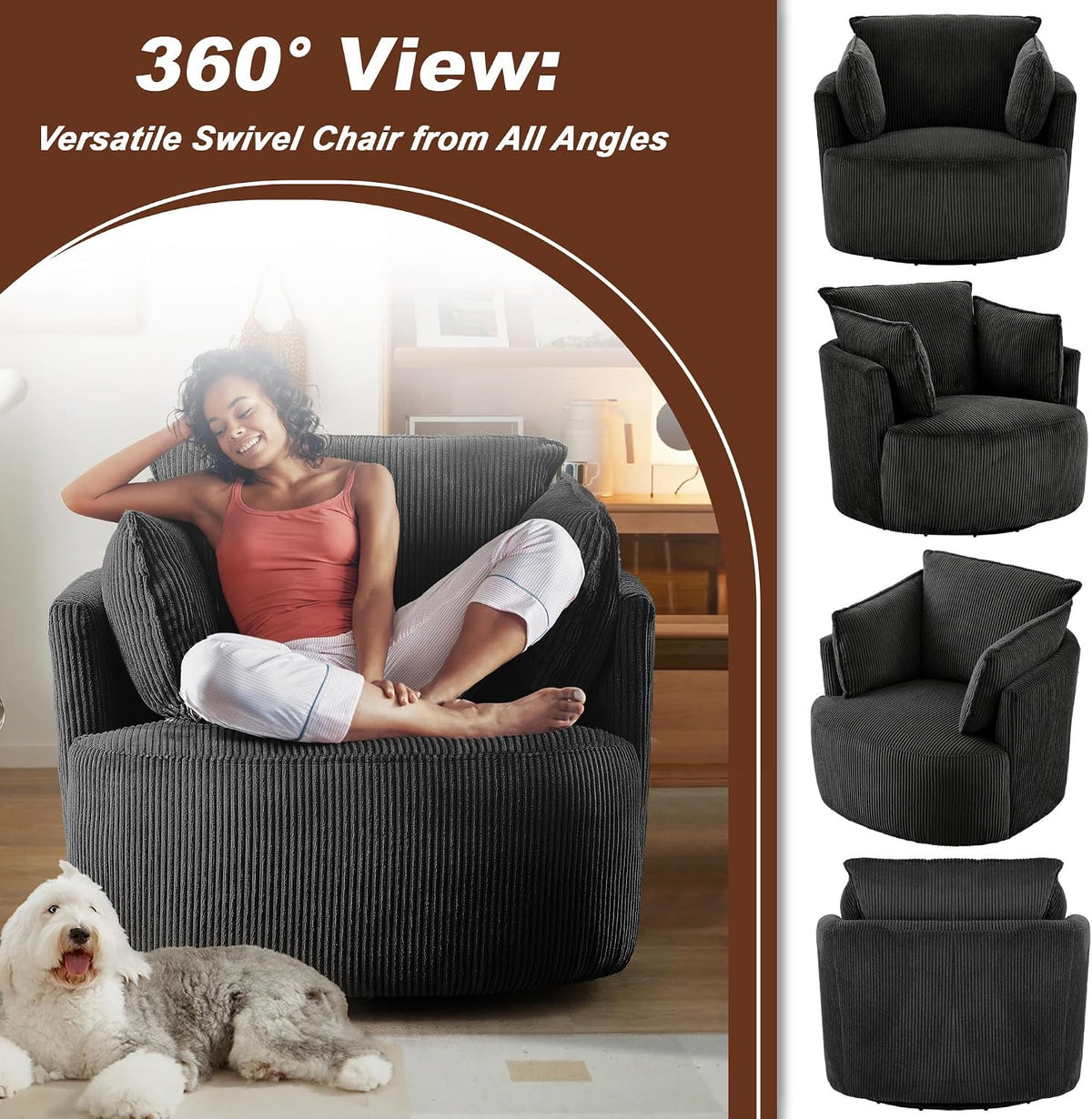 Swivel Accent Chair Round Barrel Armchair Upholstered Living Room Chair Corduroy Reading Chair Single Sofa Chair for Bedroom Apartment Office (Black, Standard 1Seater)