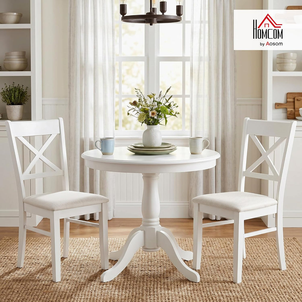 HOMCOM Dining Chairs Set of 2, Upholstered Kitchen Chairs with Rubberwood Frame, Padded Seat and Cross Back for Living Room, Dining Room, Kitchen, White