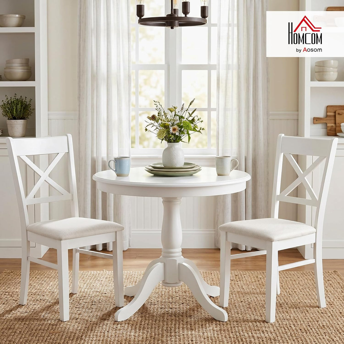HOMCOM Dining Chairs Set of 2, Upholstered Kitchen Chairs with Rubberwood Frame, Padded Seat and Cross Back for Living Room, Dining Room, Kitchen, White