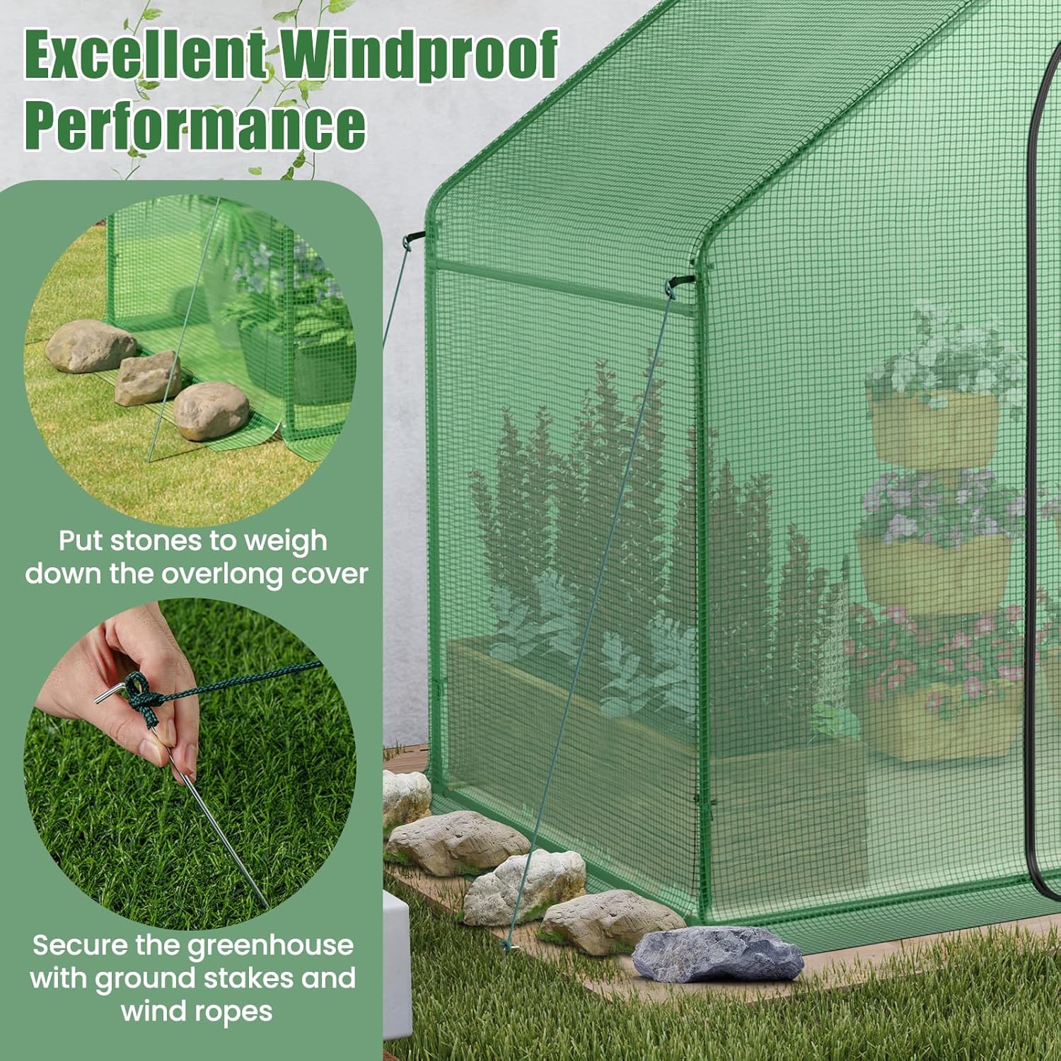 HAPPYGRILL Walk-in Greenhouse, 6 x 3 x 5.5 FT Portable Outdoor Green House for Winter w/ PE Cover, Rustproof PE-Coated Metal Frame, Roll-up Zippered Door, Window, Greenhouse for Outdoors
