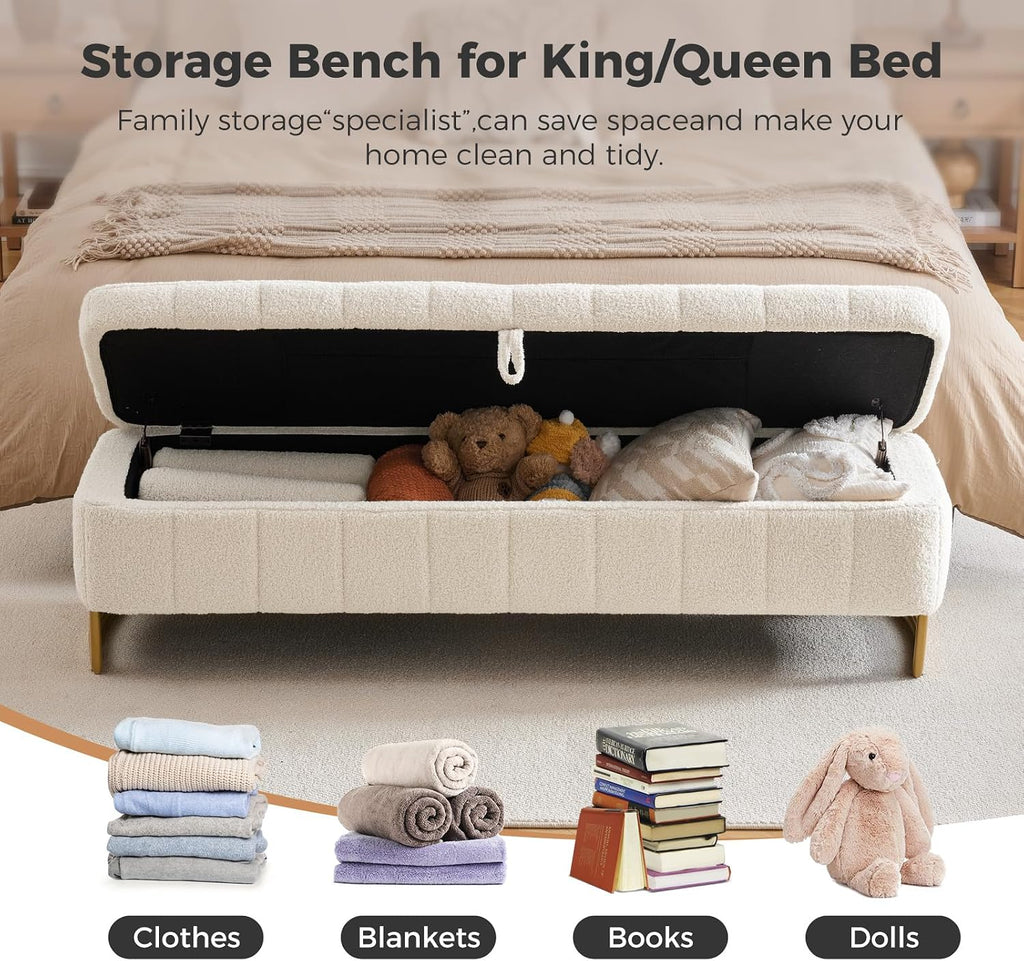 Storage Bench, 63" Ottoman with Storage for Foot of Bed King Size, Modern Upholstered End of Bed Bench with Gold Metal Legs for Bedroom Entryway Hallway, Teddy Beige