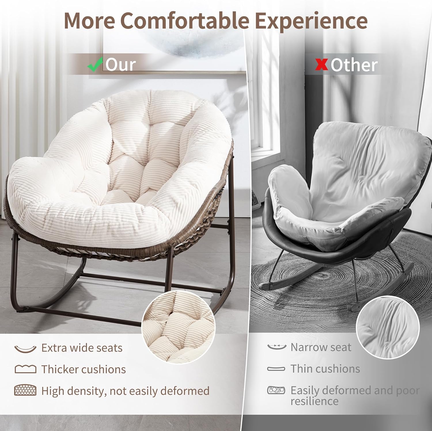 HOMEFUN Outdoor Patio Rocking Chairs, Oversized Papasan Rock Chair Indoor with Striped Velvet Padded Cushion - Rocker Egg Seat for Front Porch, Garden, Patio, Backyard White