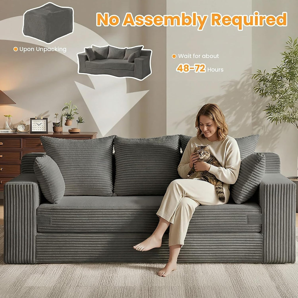 Oversized Loveseat, 3 Seater Pull Out Convertible Sofa Bed, 70" Gray Couch Fold Out Floor Couch Sleeper Sofa with 5 Pillows for Living Room Bedroom Lounge Small Space