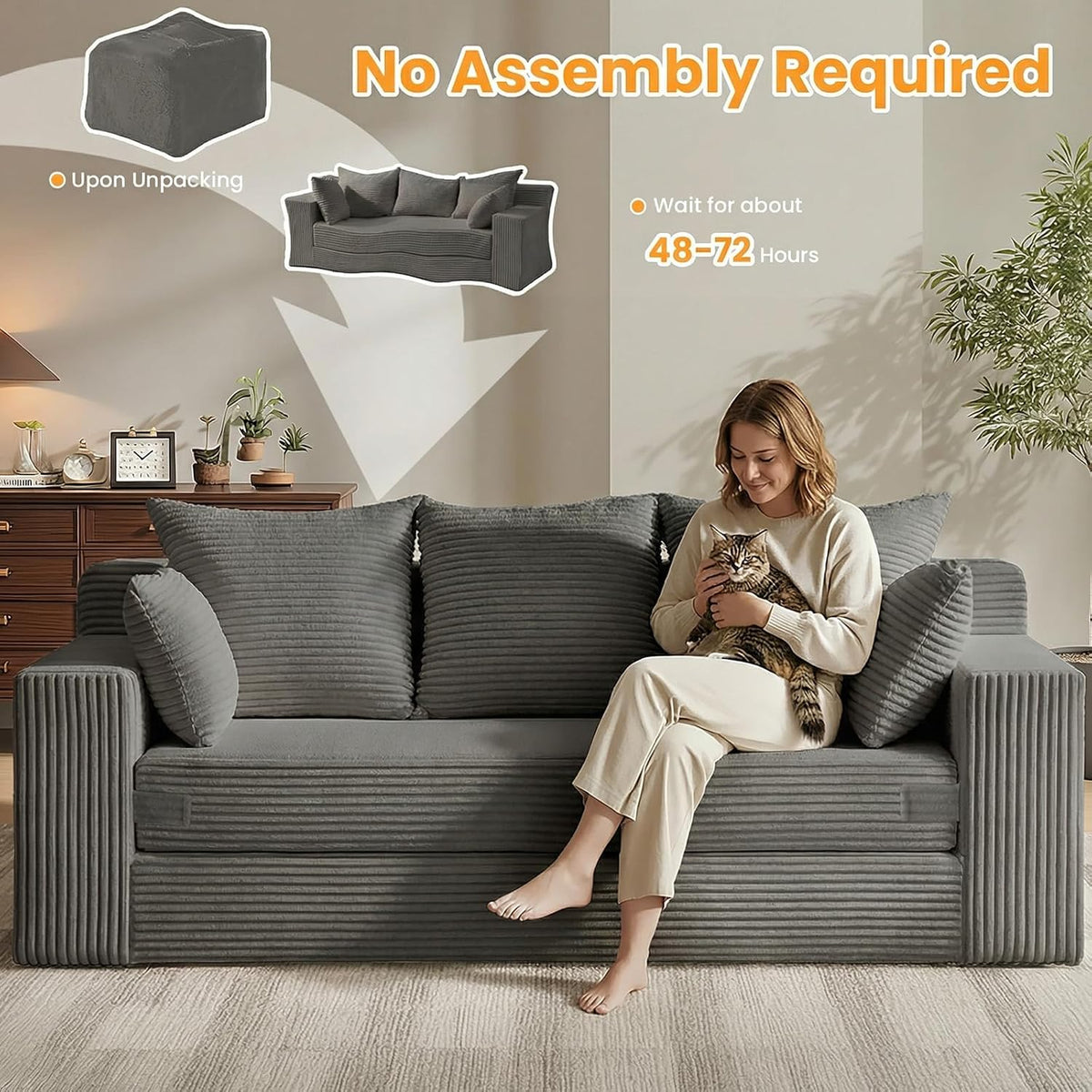 Oversized Loveseat, 3 Seater Pull Out Convertible Sofa Bed, 70" Gray Couch Fold Out Floor Couch Sleeper Sofa with 5 Pillows for Living Room Bedroom Lounge Small Space