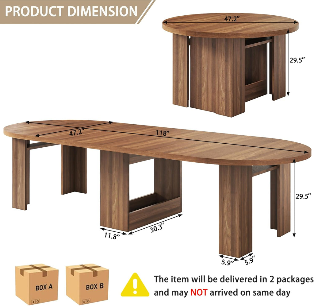 47-118 Inch Round Extendable Dining Table for 4-12, Kitchen Table with Wood Strip Base, Modern Oval Dining Room Table for Kitchen Living Room, Walnut