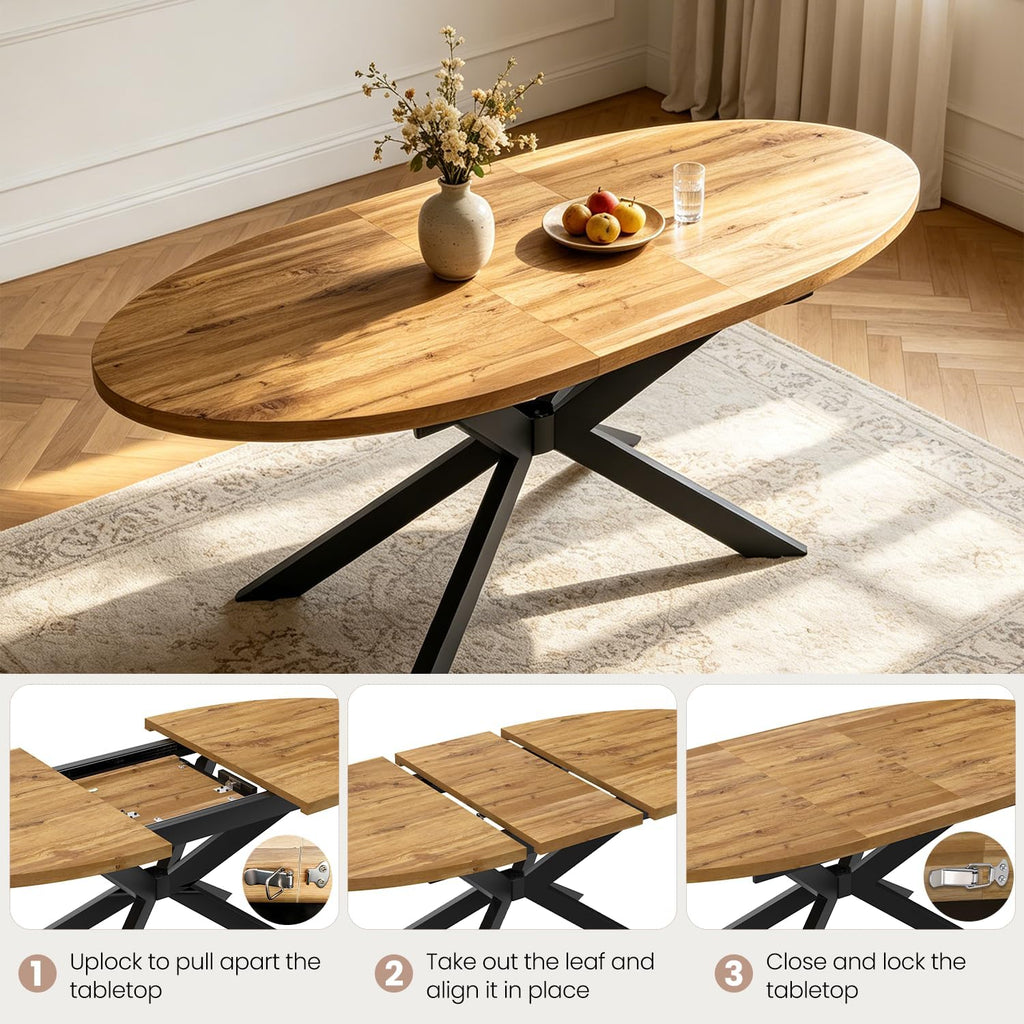 63"-78.7" Extendable Oval Dining Table Set for 4 | 5 Piece Large Round Walnut Table Set, 4 Beige PU Dining Chairs, Living Room, Kitchen, Space Saving, Mid Century Modern