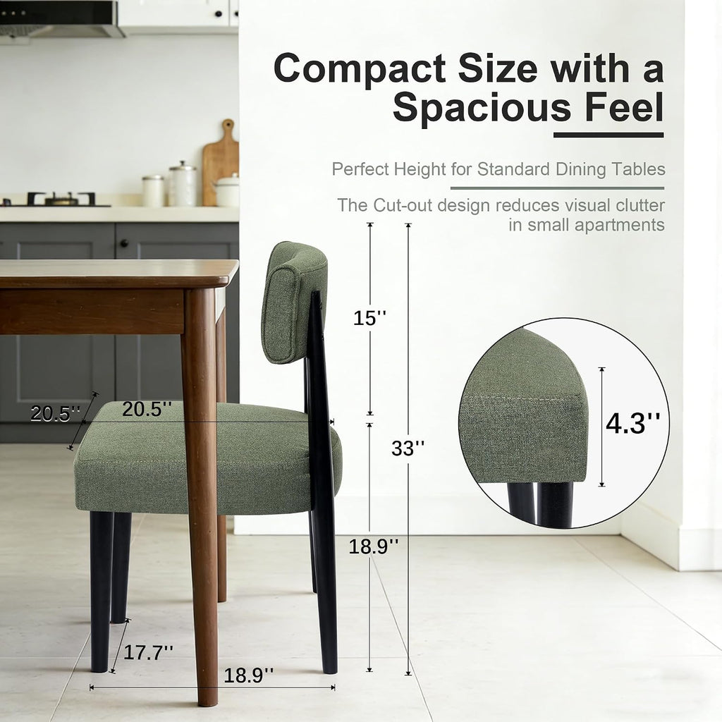Wooden Dining Chairs Set of 4, Upholstered Kitchen Chairs with Solid Rubberwood Legs, Modern Farmhouse Dining Room Chairs, Green Linen Fabric & Black Legs