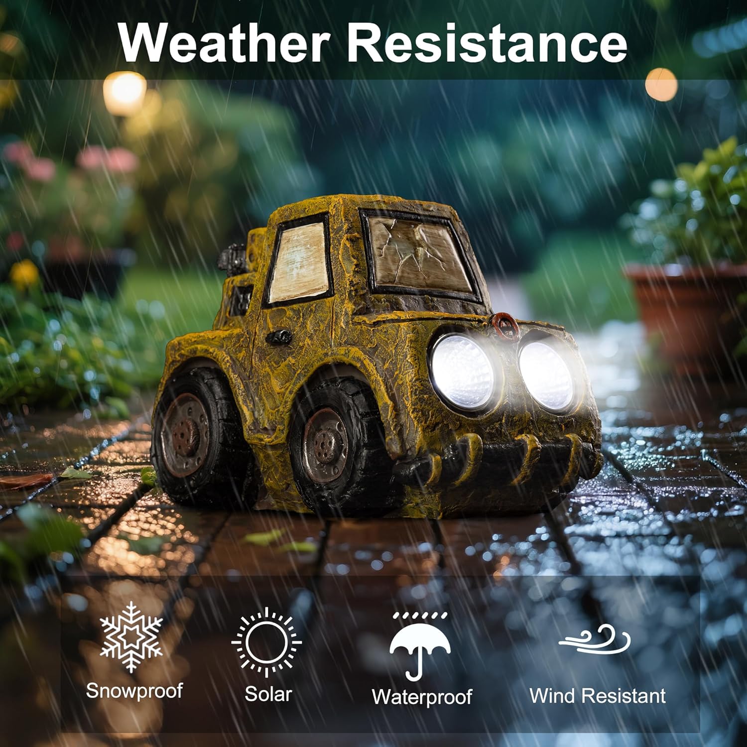 Garden Statue Outdoor Solar Car Decor with LED Light Vintage Resin Sculpture Construction Vehicle Rustic Decoration for Lawn Patio Yard Gifts for Women