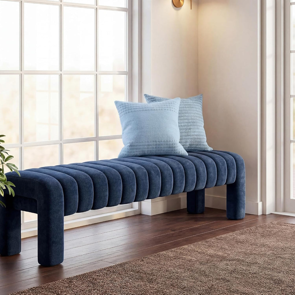 63" Bedroom Bench, Upholstered Entryway Bench, Modern End of Bed Ottoman with Solid Wood Legs and Adjustable Foot Pegs for Entryway, Dining Room and Living Room (Blue Chenille)
