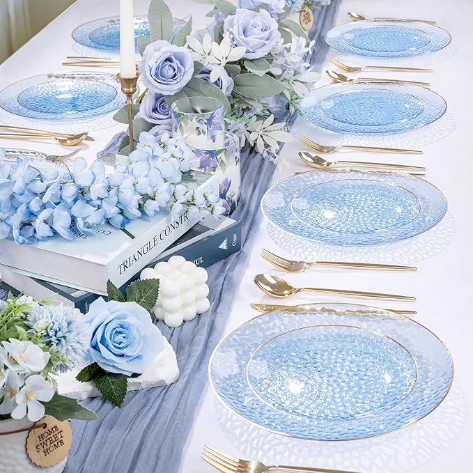 Rubtlamp 60 Pieces Blue Gold Plastic Plates - 10 inch Blue Plastic Dinner Plates - Hammer Pattern Design - Fancy Clear and Gold Disposable Plates Ideal for Wedding & Party