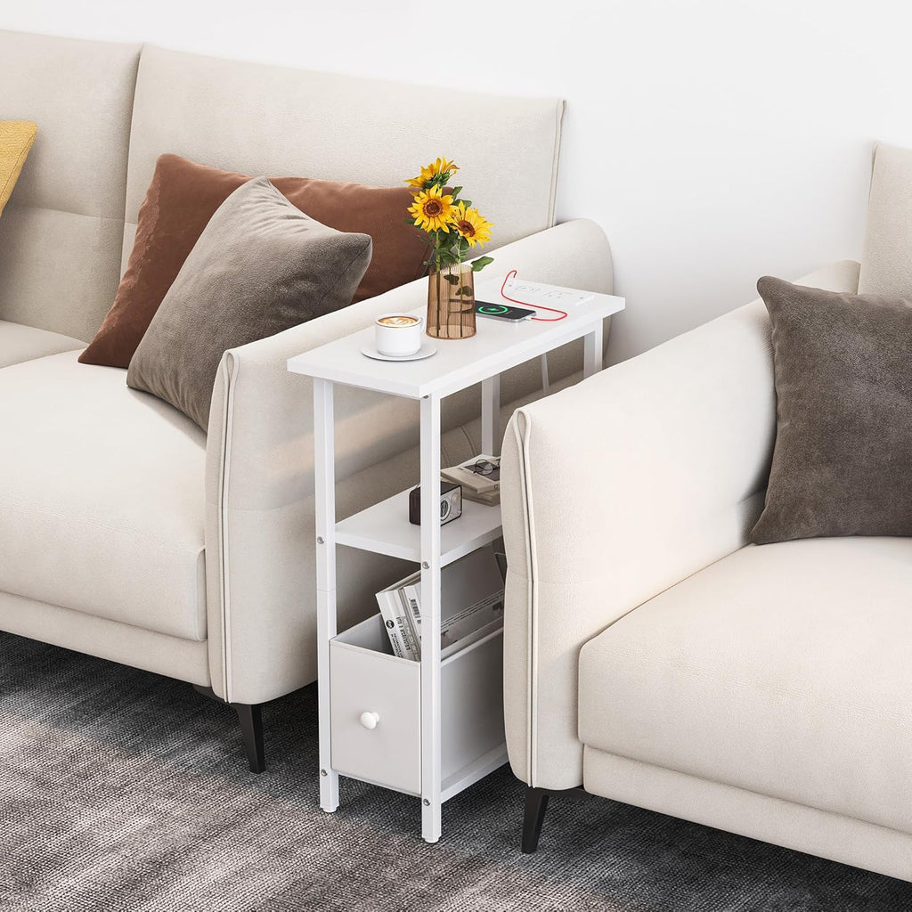 Narrow Side Table with Charging Station, Skinny End Table for Small Spaces, Thin Sofa Side Table with 1 Fabric Drawer, Slim Nightstand for Living Room, Bedroom, White