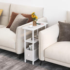 Narrow Side Table with Charging Station, Skinny End Table for Small Spaces, Thin Sofa Side Table with 1 Fabric Drawer, Slim Nightstand for Living Room, Bedroom, White