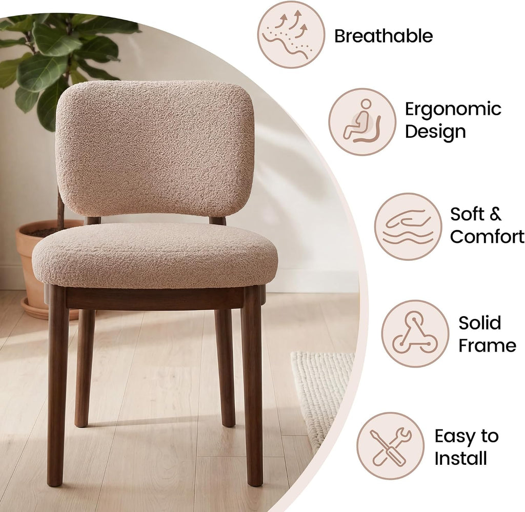 Wooden Dining Chairs Set of 2, Boucle Upholstered Kitchen Chairs with Solid Wood Legs, Mid Century Modern Dining Chairs, Farmhouse Side Chair with Hardwood Frame for Dining Room, Khaki