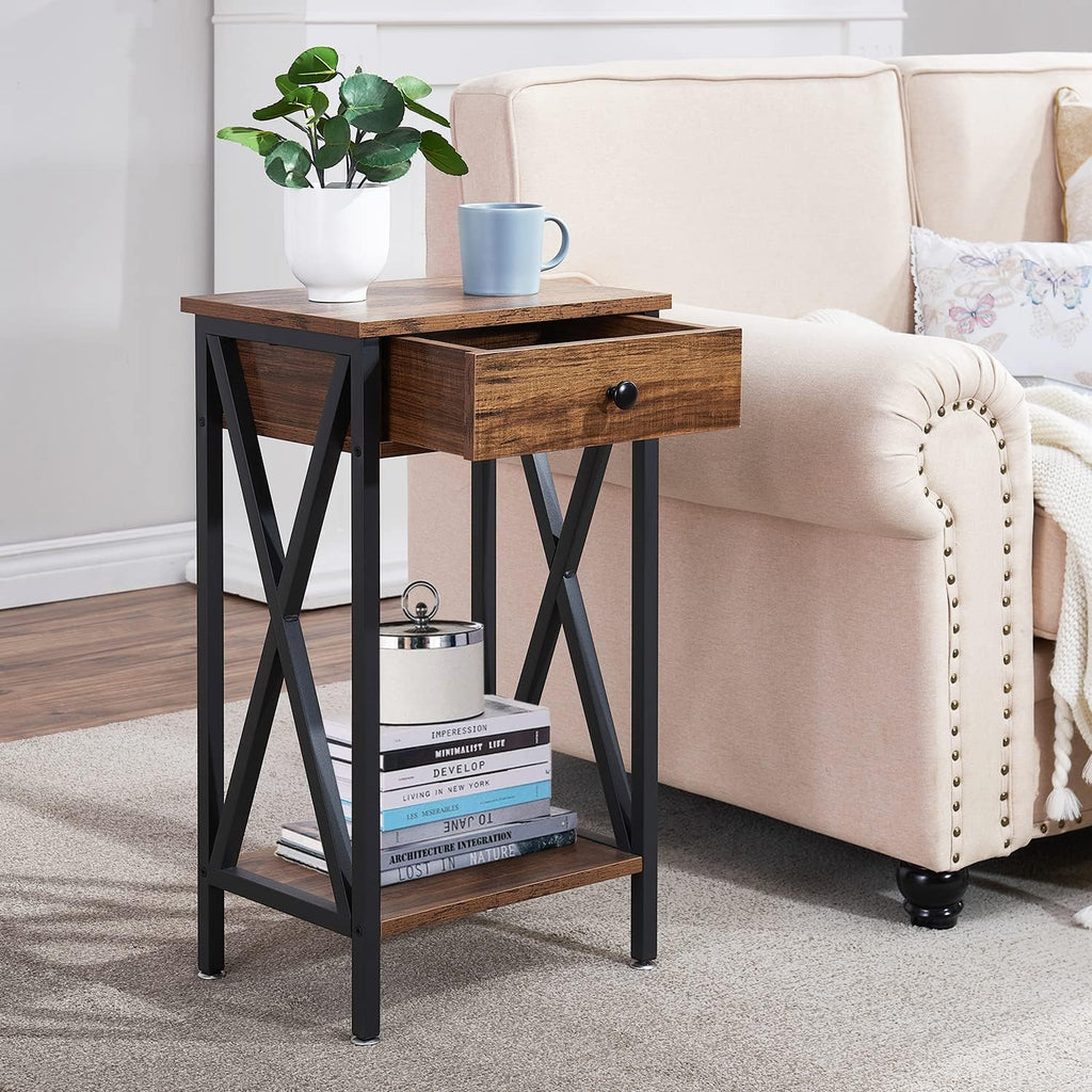 VECELO Tall Nightstand,27.6 inch Wooden End Table with Metal X-Frame,Side Table with Drawer and Storage Shelf for Living Room Bedroom Entryway Small Spaces