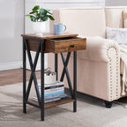 VECELO Tall Nightstand,27.6 inch Wooden End Table with Metal X-Frame,Side Table with Drawer and Storage Shelf for Living Room Bedroom Entryway Small Spaces
