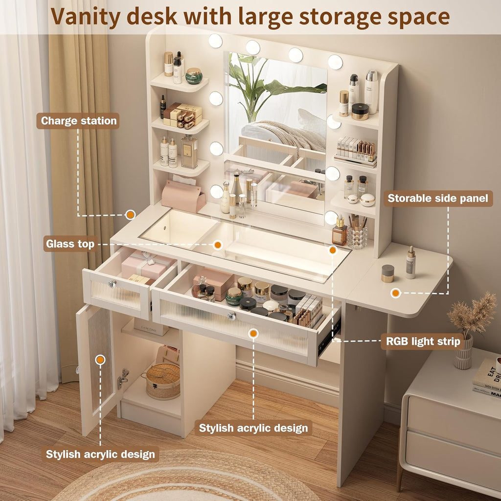 Vipbear White Vanity Desk Small Makeup Vanity Table with Mirror&Lights | Dressing Tables with Power Oulet 2 RGB Drawers Cabinet 6 Shelves Glass Top 10 LED Bulbs 3 Color Modes Folding Panel