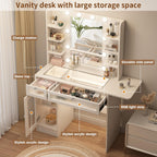 Vipbear White Vanity Desk Small Makeup Vanity Table with Mirror&Lights | Dressing Tables with Power Oulet 2 RGB Drawers Cabinet 6 Shelves Glass Top 10 LED Bulbs 3 Color Modes Folding Panel
