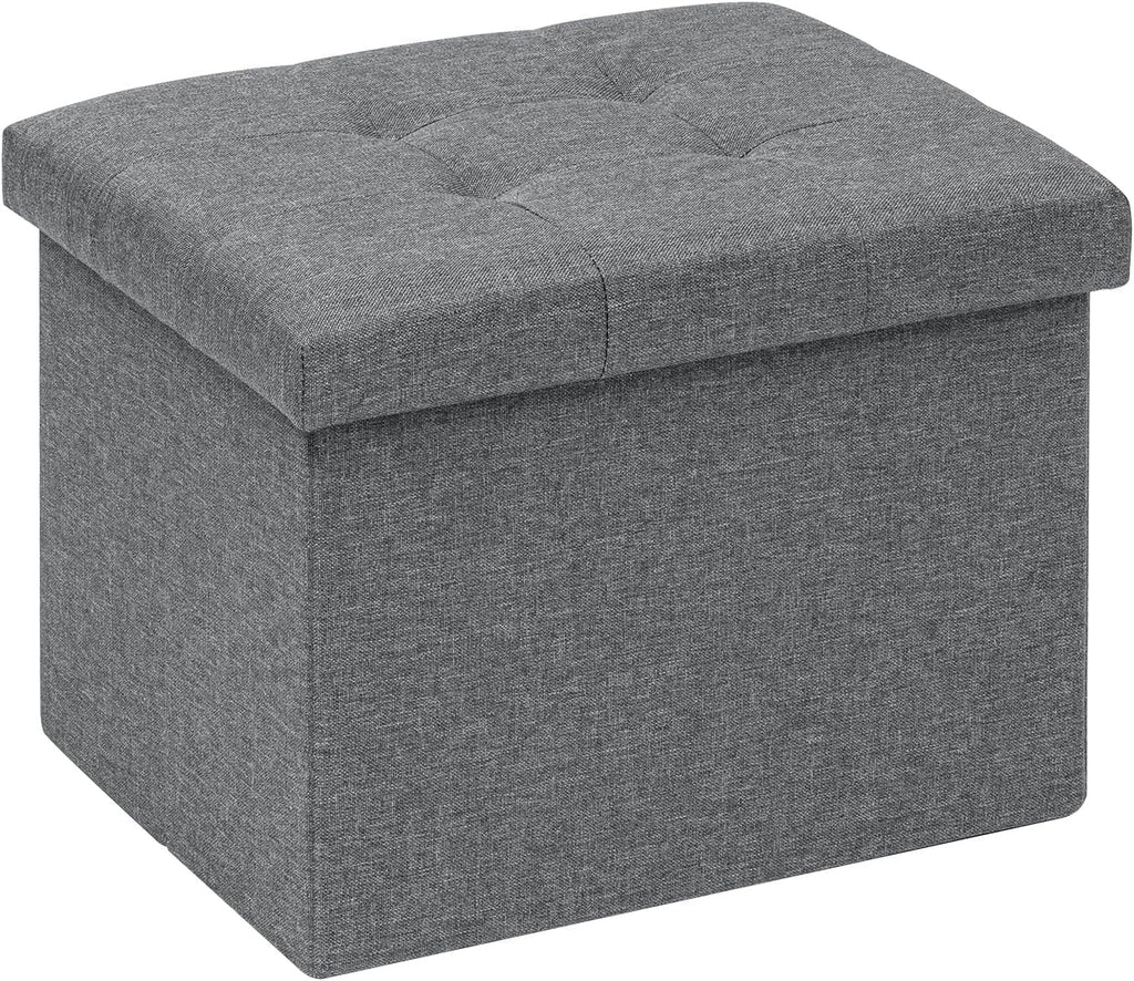 PINPLUS Button Tufted Folding Linen Storage Ottoman 16.5", 36L Collapsible Storage Cube with Lid, Supports 250 lbs, Fabric Foot Rest Ottoman for Living Room, Bedroom, Entryway,Grey