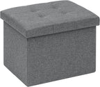 PINPLUS Button Tufted Folding Linen Storage Ottoman 16.5", 36L Collapsible Storage Cube with Lid, Supports 250 lbs, Fabric Foot Rest Ottoman for Living Room, Bedroom, Entryway,Grey