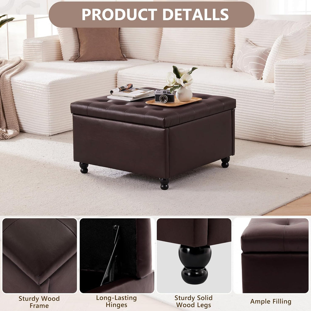 30" Large Square Ottoman with Storage, Leather Ottoman Coffee Table, Brown | Tufted Upholstered Ottoman for Living Room, Oversized Square Storage Ottoman for Bedroom and Entryway, Solid Wood Frame